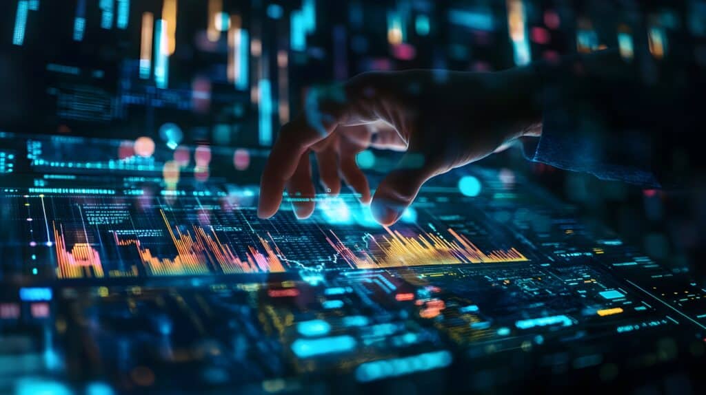 Hand reaching to touch a glowing data dashboard with neon blue and orange graphs and charts in a futuristic tech setting.