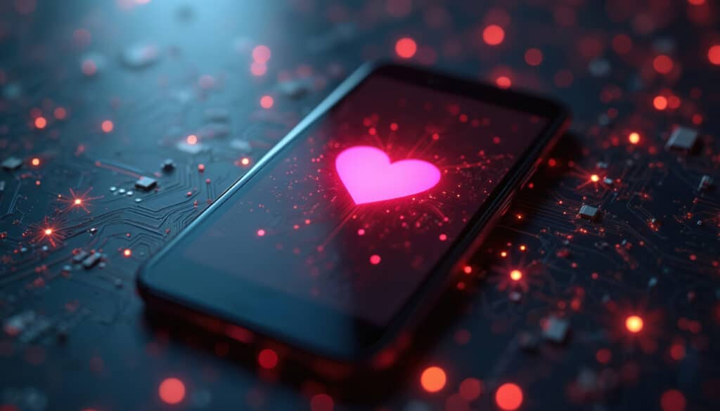 Smartphone resting on a circuit board with a glowing pink heart on the screen, blue and red lights around it