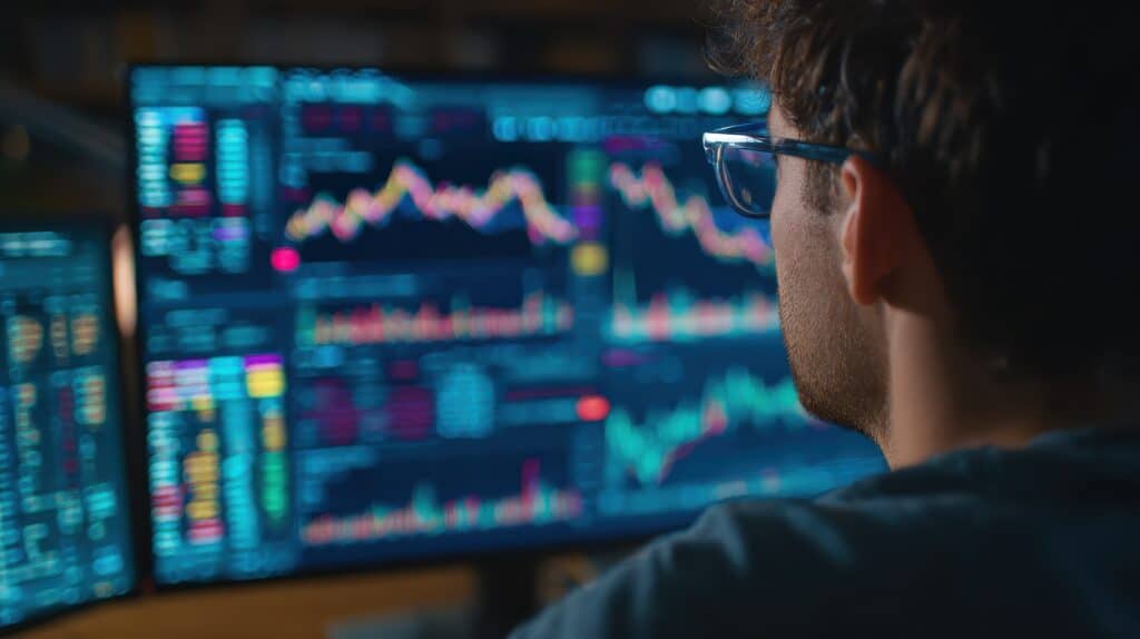 Trader wearing glasses monitors multiple screens displaying colorful stock charts and data in a dim trading room.