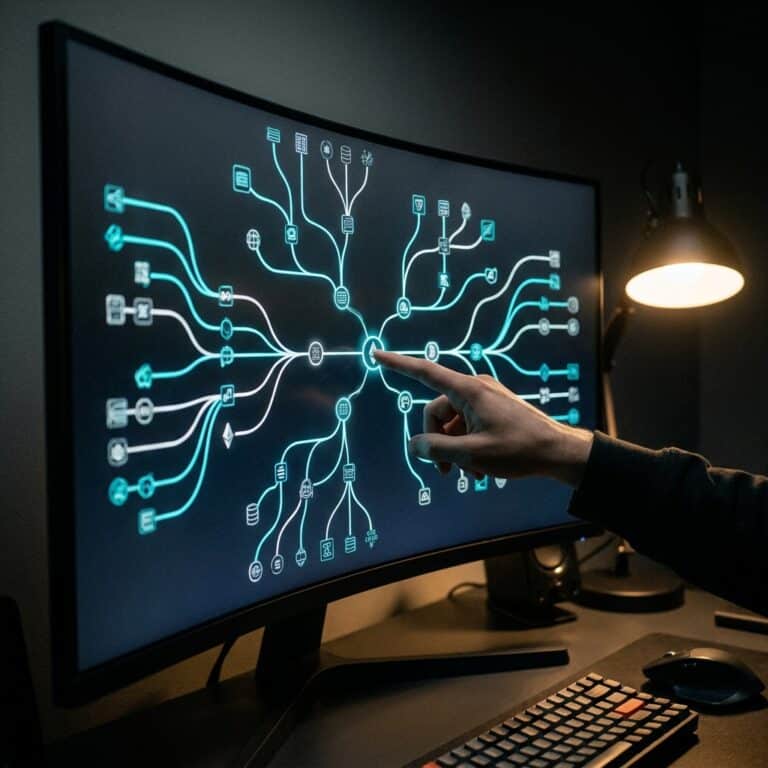 Hand tapping a central node on a glowing blue network diagram displayed on a curved monitor.