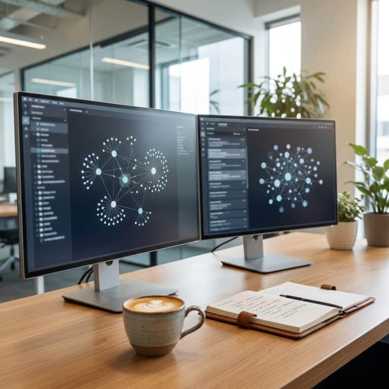 Two widescreen monitors on a wooden desk display a network diagram, with a notebook, coffee cup, and potted plants nearby in an office setting.