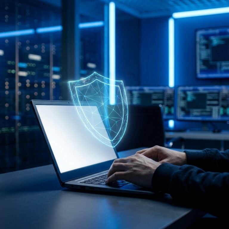 Laptop on a desk in a data center with a glowing holographic shield projected from the screen, symbolizing cybersecurity.