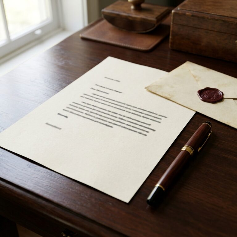 Off-white letter on a dark wooden desk with a sealed envelope, a brown fountain pen, and a window in the background.
