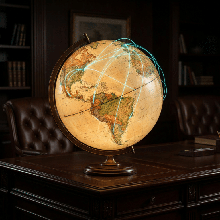 Globe on a dark wooden desk with glowing blue routes circling the continents and oceans.