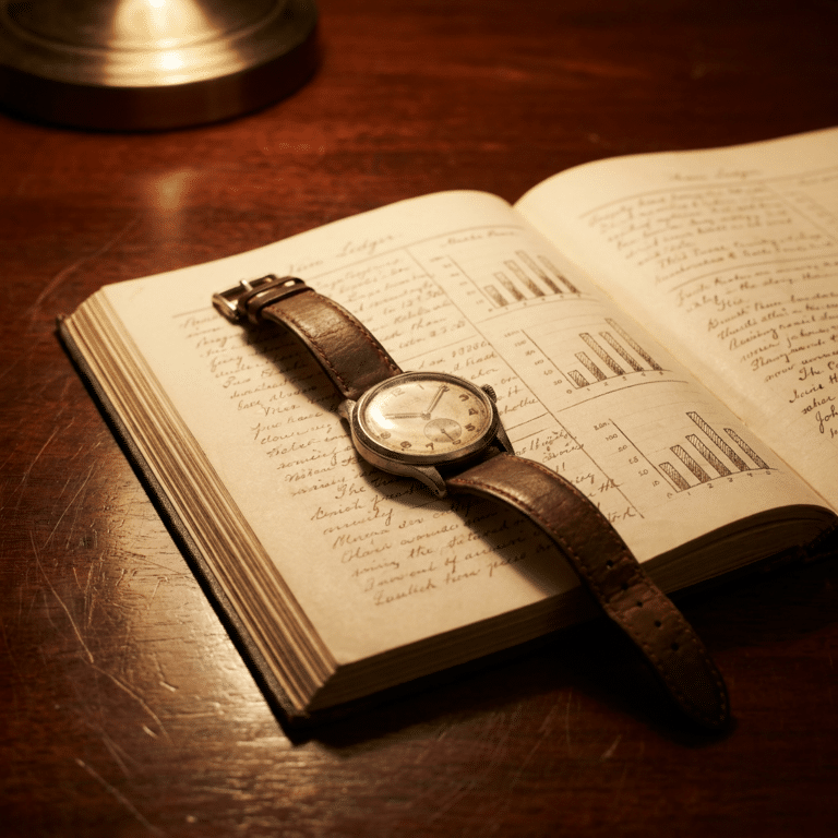 Wristwatch laid across an open notebook with handwritten notes and bar graphs on a wooden desk lighting warm and vintage feel.