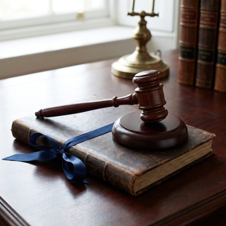 Gavel resting on an antique bound book tied with a blue ribbon on a wooden desk in a legal setting.
