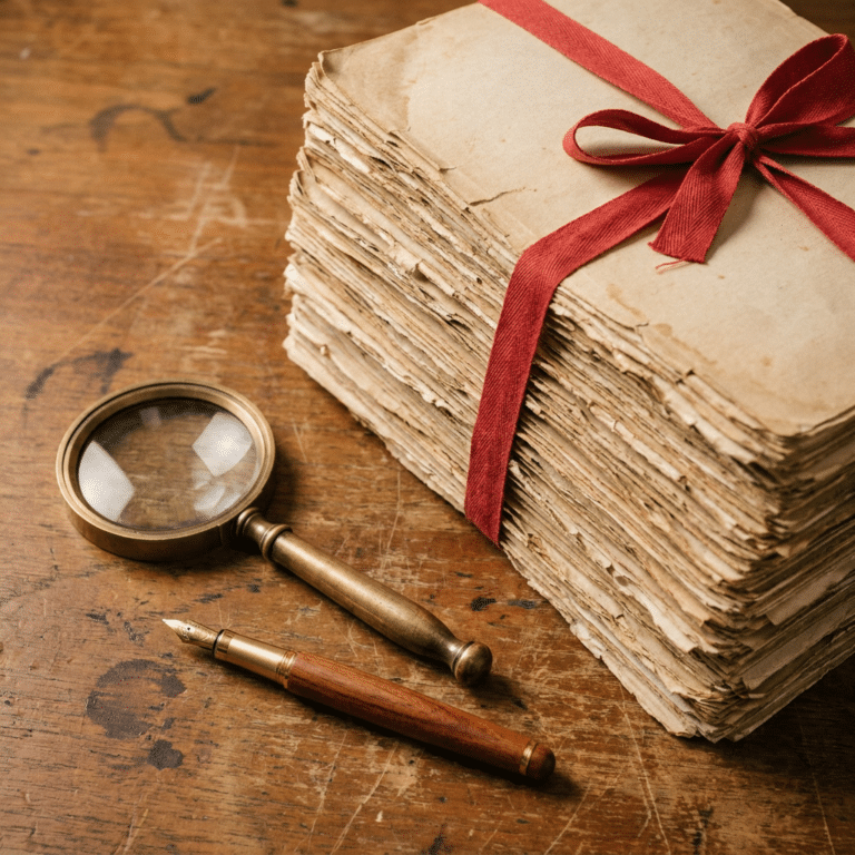 Stack of aged papers tied with a red ribbon beside a magnifying glass and a vintage fountain pen on a wooden table.