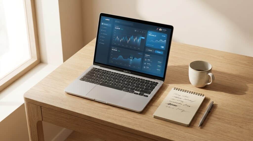 Laptop on a wooden desk showing a blue stock dashboard, with a mug, notebook and pen beside it