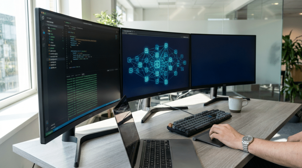 Three-monitor workstation showing code and a network diagram; a programmer uses a laptop and mouse.