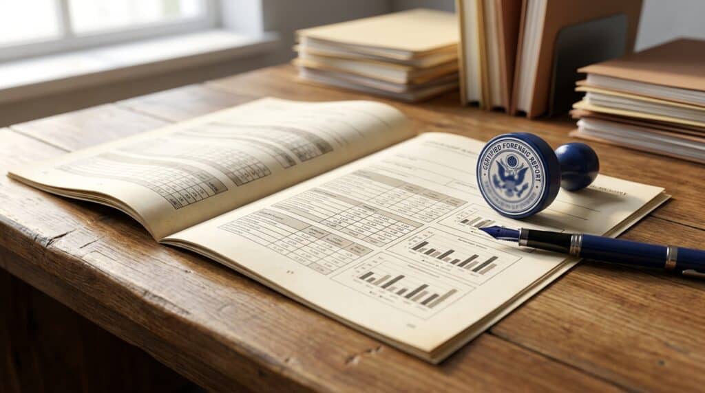 Open report on a wooden desk showing charts and tables, with a blue 'Certified Forensic' stamp and a fountain pen nearby.