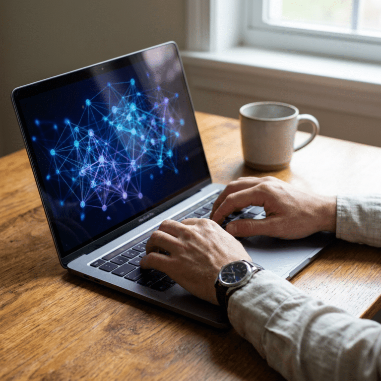 Person typing on a silver laptop at a wooden table, screen showing a blue interconnected network of nodes and lines, with a mug nearby on the right.