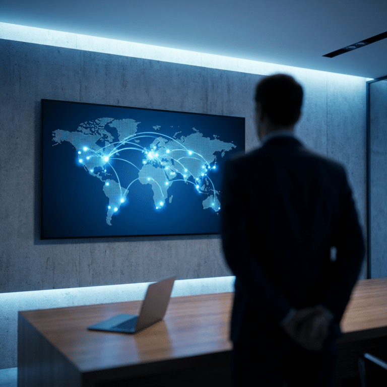 Businessman in a dark suit studies a blue world map with glowing network connections on a wall screen.