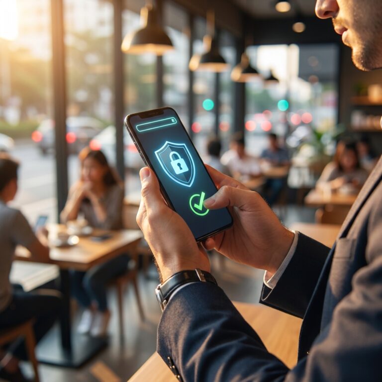 Man in a blazer at a café holds a smartphone showing a blue shield with a lock and a green checkmark indicating security.