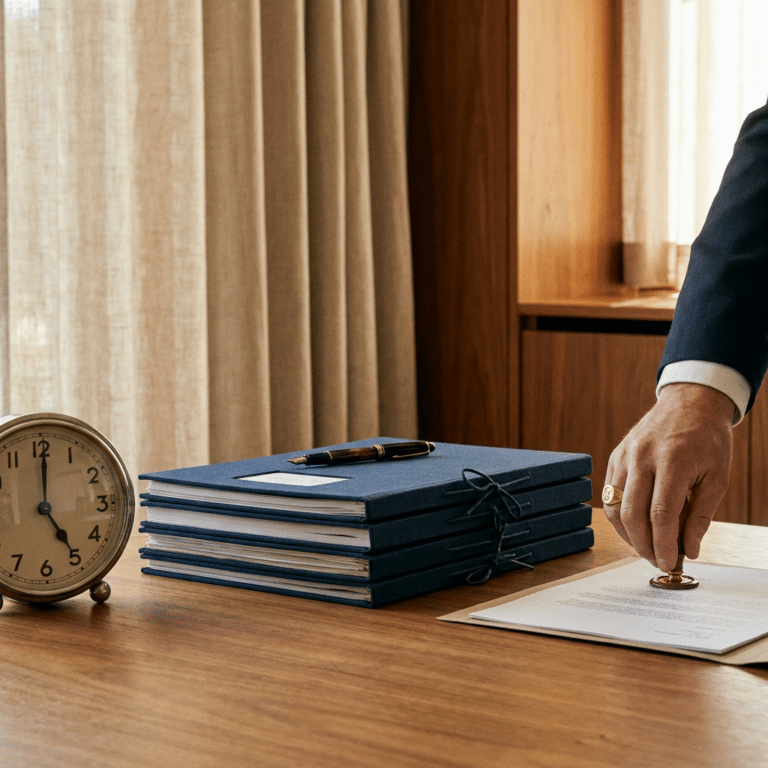 Desk with a vintage clock, a stack of blue binders, a pen, and a hand stamping a document.