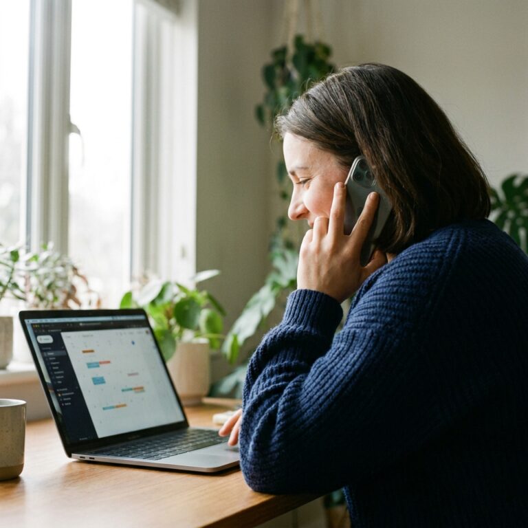 Woman in a navy sweater talks on a smartphone while working on a laptop at a wooden desk by a sunlit window with potted plants nearby.
