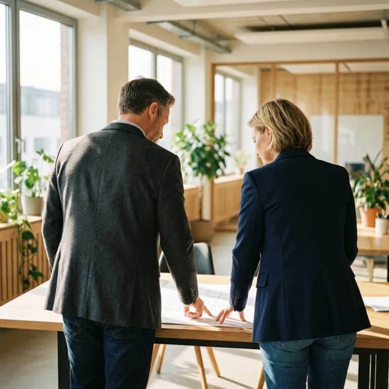 Two professionals in blazers examining documents on a wooden table in a bright open-plan office with plants.