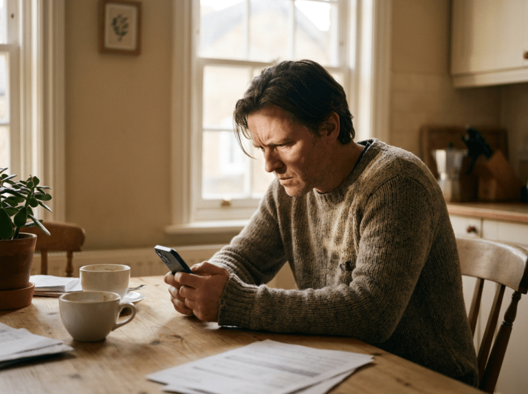 Man sits at a wooden table in a cozy kitchen, looking at his phone with papers and mugs nearby.