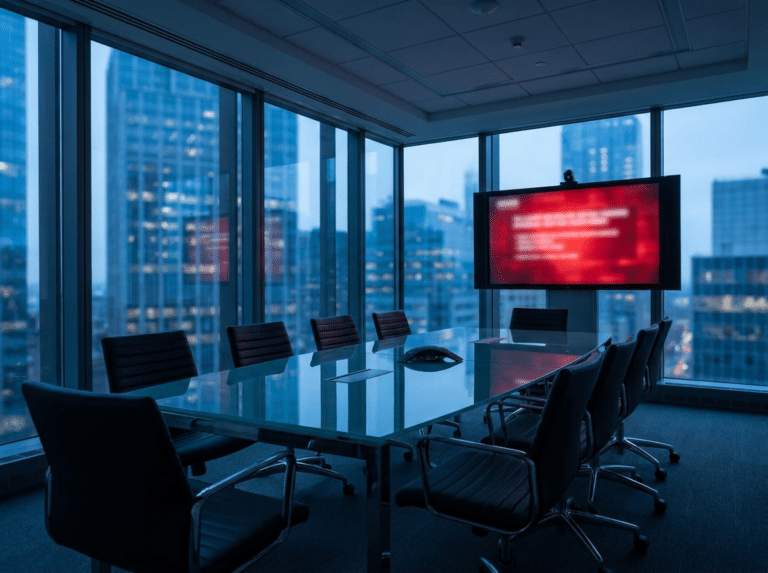 Modern conference room with glass walls, a glass table, black rolling chairs, and a large screen displaying a red blurred presentation over a city skyline outside.