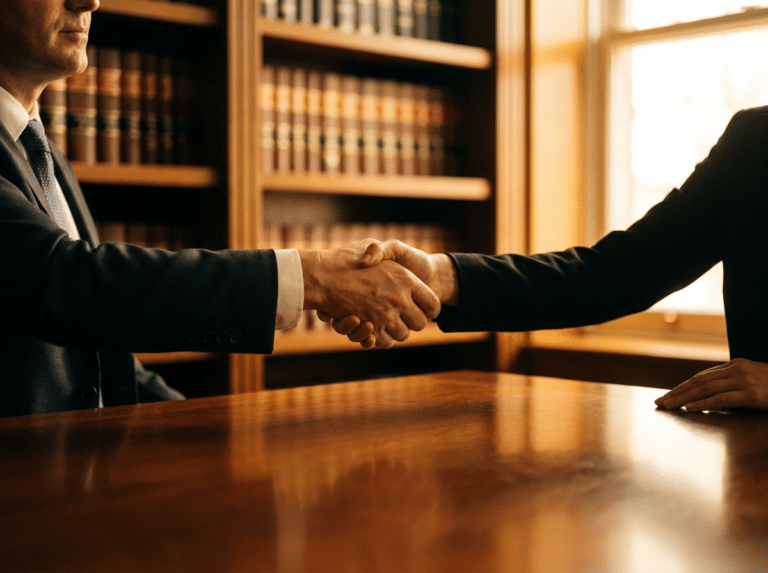 Two suited professionals shake hands across a wooden desk in a book-lined office setting, signaling a deal or agreement.