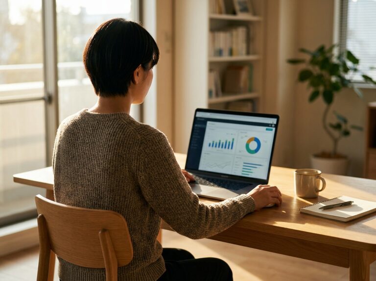 Person seated at a wooden desk in a sunlit home office, looking at a laptop displaying charts and graphs on screen.