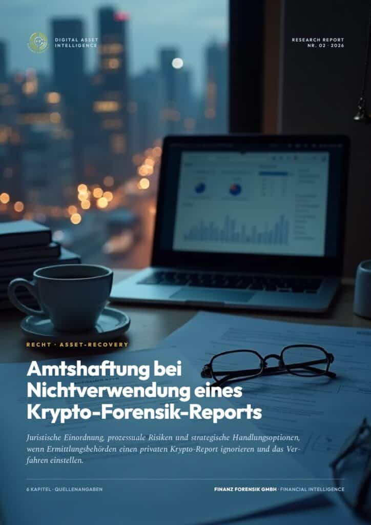Cover of a research report: blurred city skyline in evening lights, a laptop showing charts on a desk with a coffee cup and glasses, and the bold German title 'Amtshaftung bei Nichtverwendung eines Crypto-Forensik-Reports' with logos in the upper left and 'RESEARCH REPORT NR. 02 2026' text.