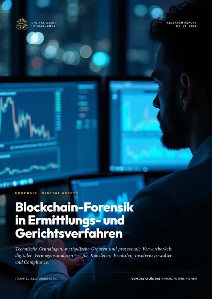 Cover eines Forschungsberichts: Mann vor blau beleuchteten Monitoren, Titel 'Blockchain-Forensik in Ermittlungs- und Gerichtsverfahren'.