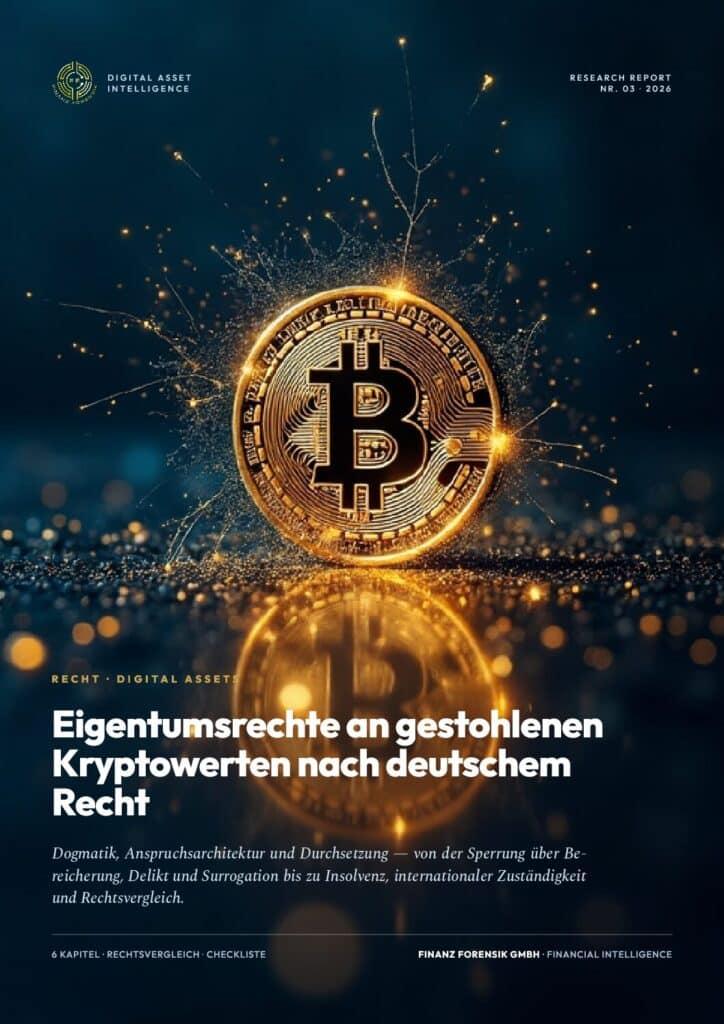 Glowing Bitcoin coin on a dark blue background with spark effects; cover of a report about ownership of stolen cryptocurrency under German law.