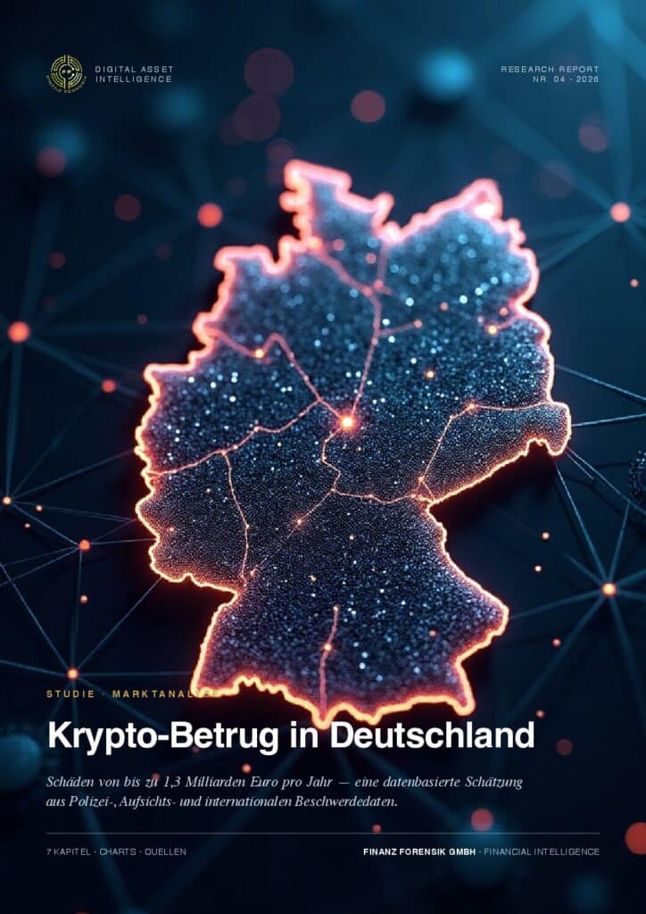 Gloeiende neoncontour van Duitsland met verbonden netwerkknooppunten; omslagafbeelding voor een rapport getiteld 'Cryptofraude in Duitsland'.