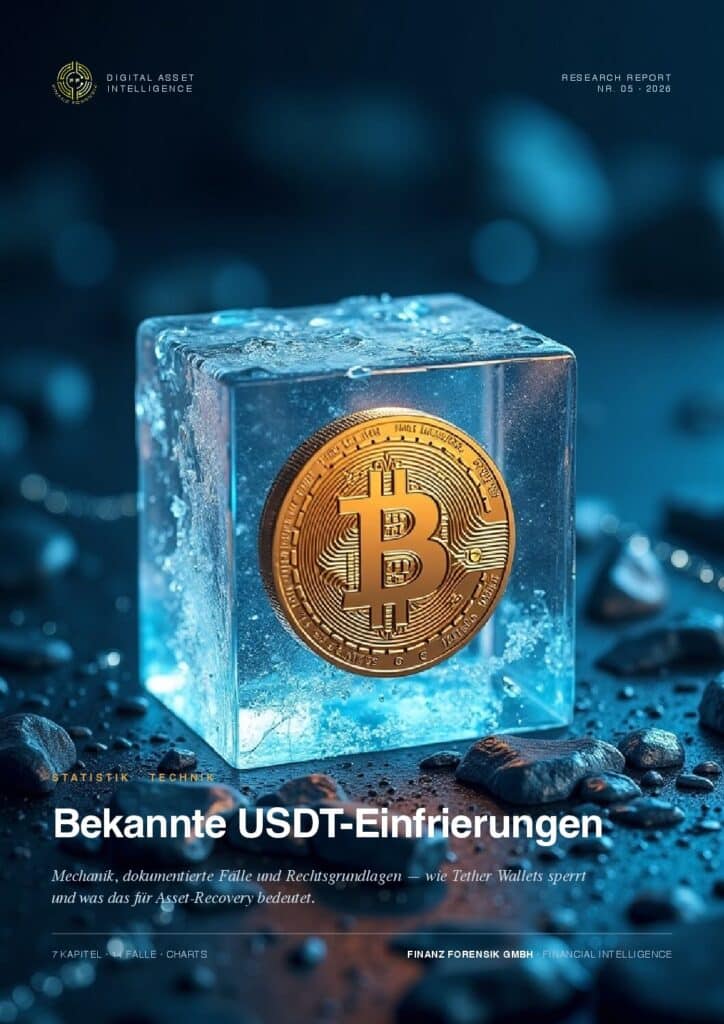 Een Bitcoin-munt ingekapseld in een doorzichtig ijsblok op een blauwe achtergrond, zoals te zien op de cover van een financieel tijdschrift.