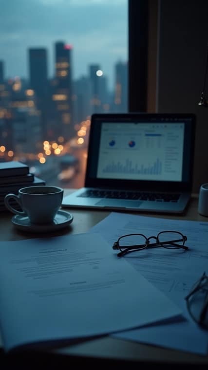 Desk scene at dusk with a laptop showing charts, papers, glasses, and a cup of coffee against a city skyline window backdrop.