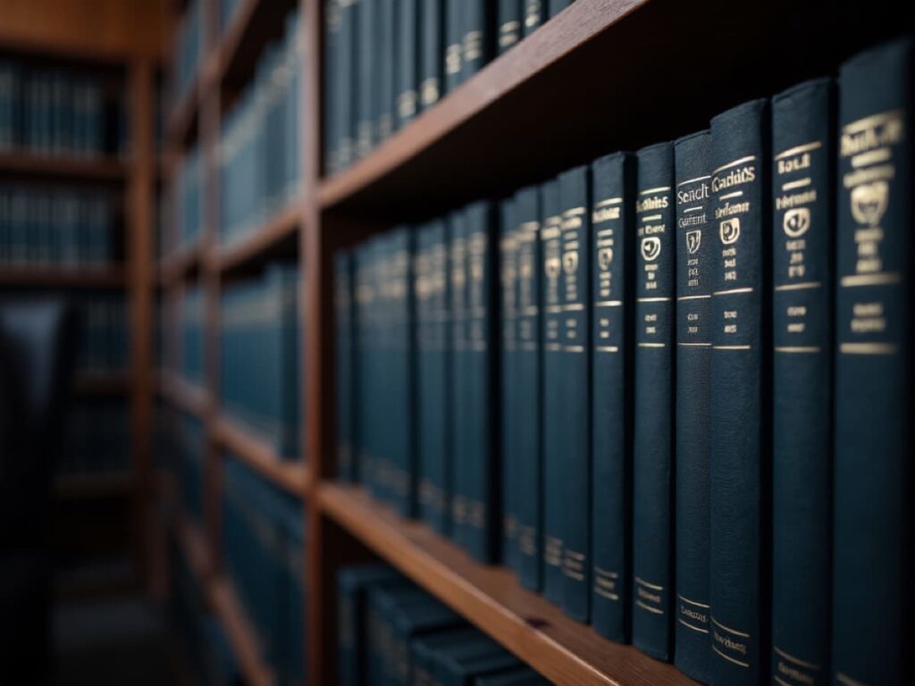 Row of dark blue hardcover legal volumes on a wooden library shelf, slightly blurred in the background.
