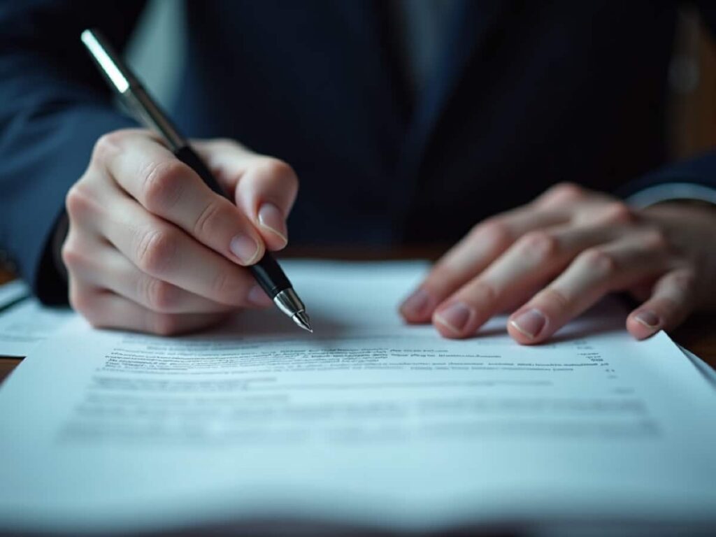 Close-up of a hand signing a document with a black pen on a wooden table.