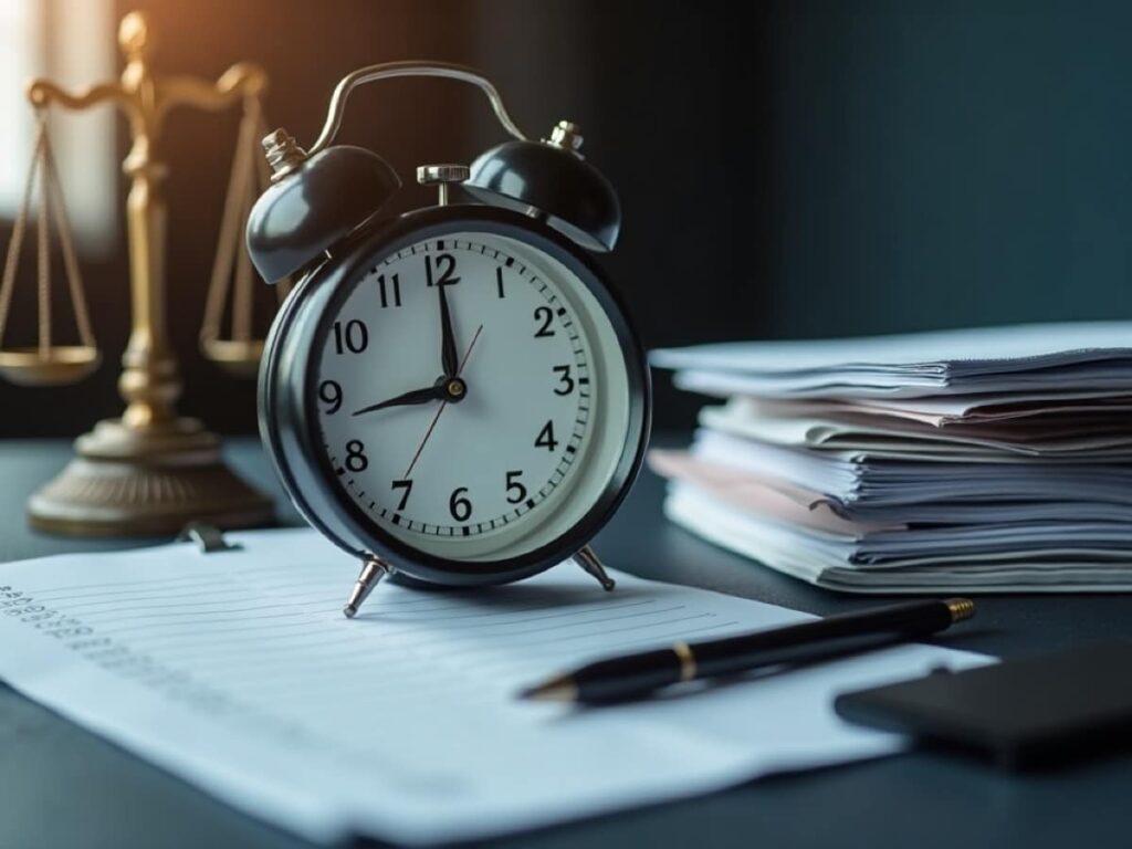 Black analog alarm clock on a desk with stacked papers and a pen, scales of justice visible in the background.