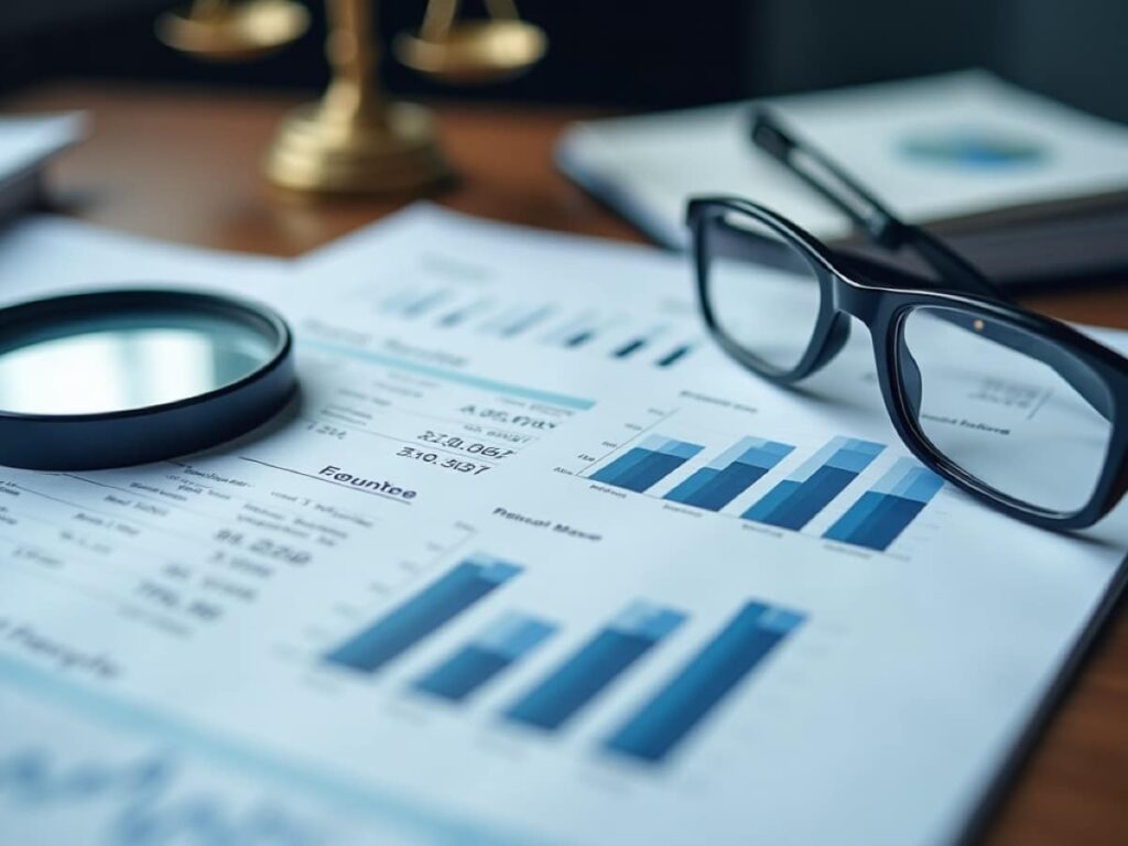Financial documents with blue bar charts and line graphs on a desk, a magnifying glass nearby and eyeglasses resting on the page.