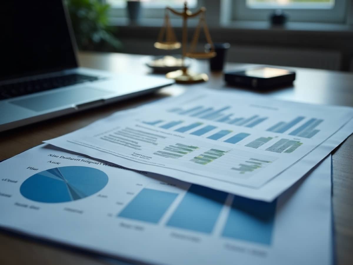 Documents with charts and graphs on a desk; a laptop sits nearby with a blurred scales in the background.