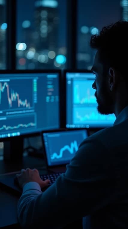 Silhouette of a man at a desk with multiple monitors showing stock charts at night.