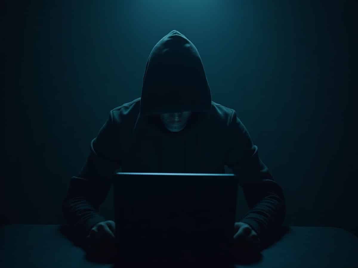 Hooded figure sitting at a laptop in a dark room, face obscured by shadow.