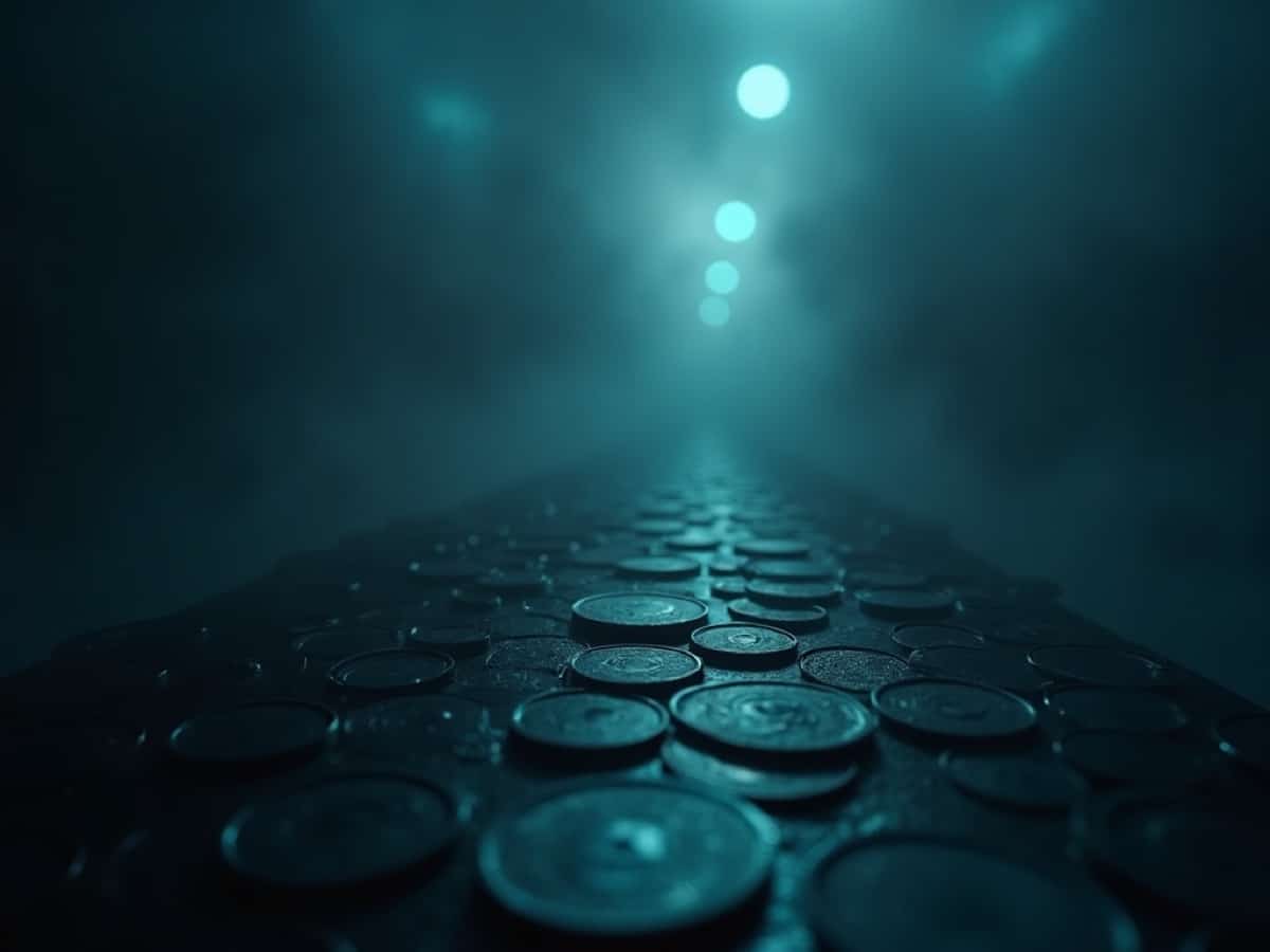 Coins scattered along a dark, teal-lit path with glowing orbs in the distance.