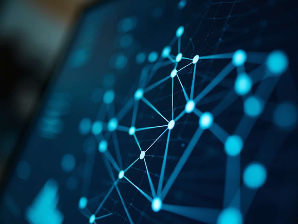Abstract blue network of interconnected glowing nodes and lines representing digital connectivity.