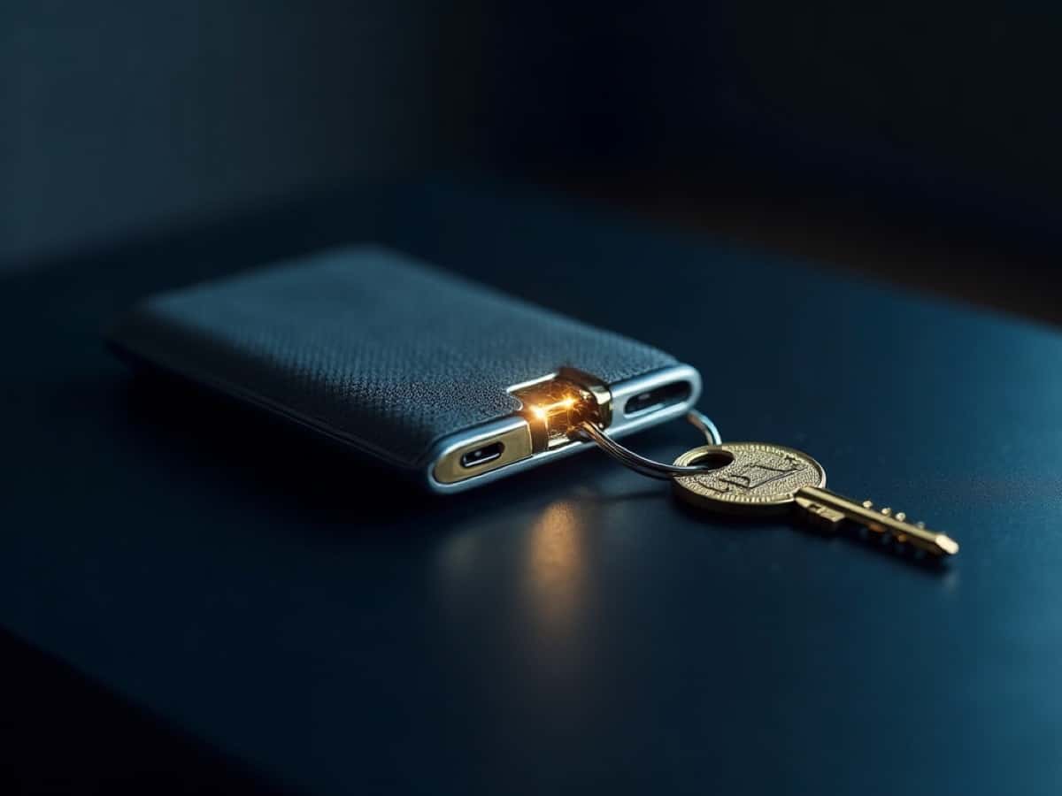 Blue textured phone case on a dark surface with a small brass key hanging from a ring nearby.