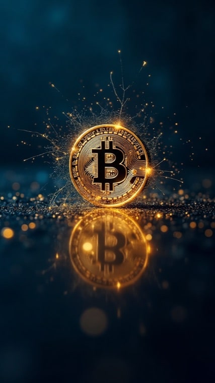 Gold Bitcoin coin with glowing sparks, standing on a reflective surface.