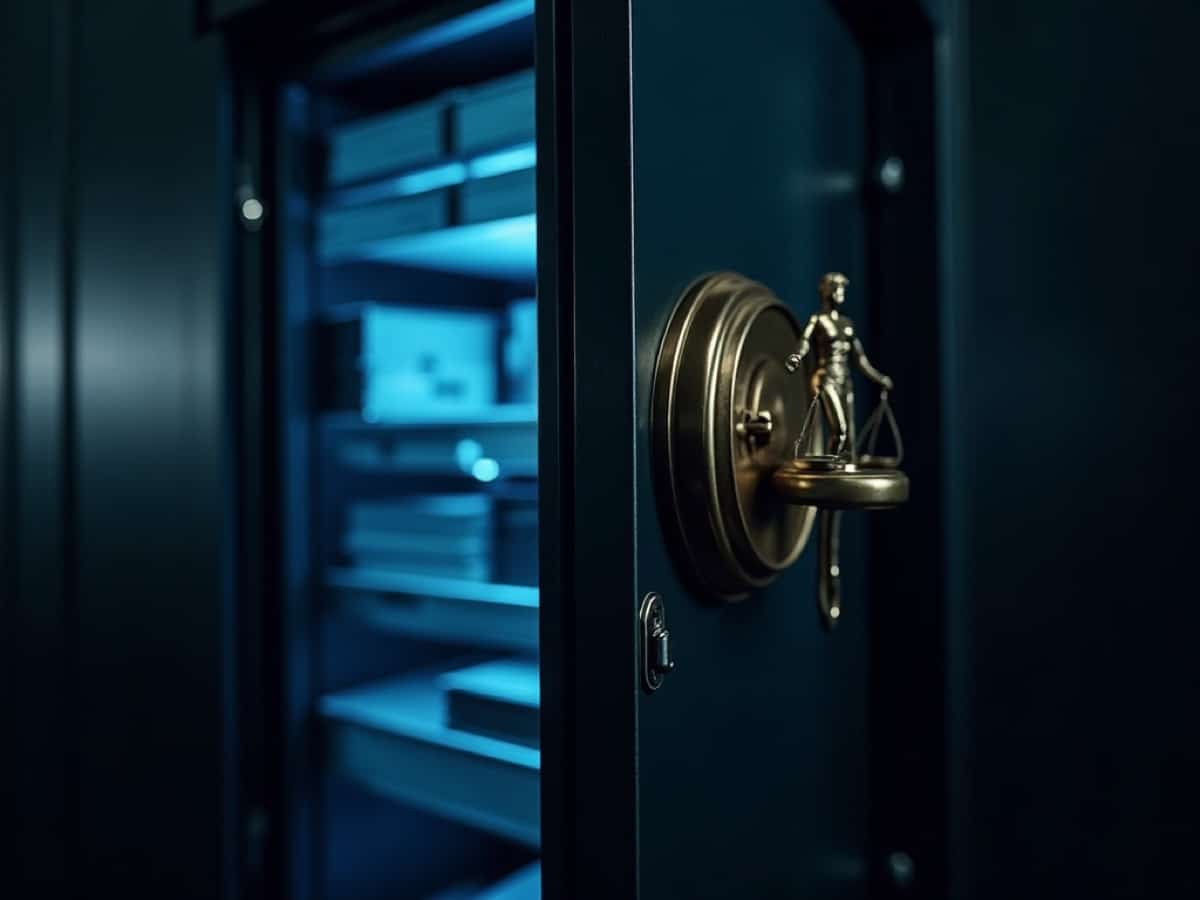 Close-up of a heavy vault door with a brass dial and a small Lady Justice figurine on the handle, blue-lit interior shelves visible behind.