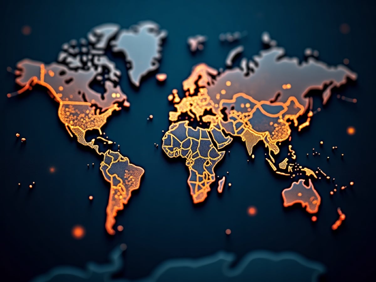 Stylized neon world map with orange borders on a dark blue background.