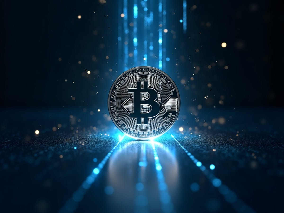 A shiny Bitcoin coin glowing above a blue digital grid, symbolizing cryptocurrency.