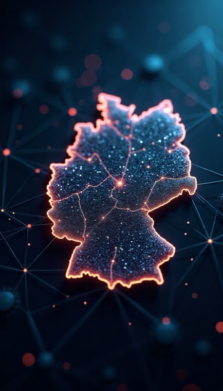 Neon-outlined map of Germany filled with starry lights against a dark blue, networked background.