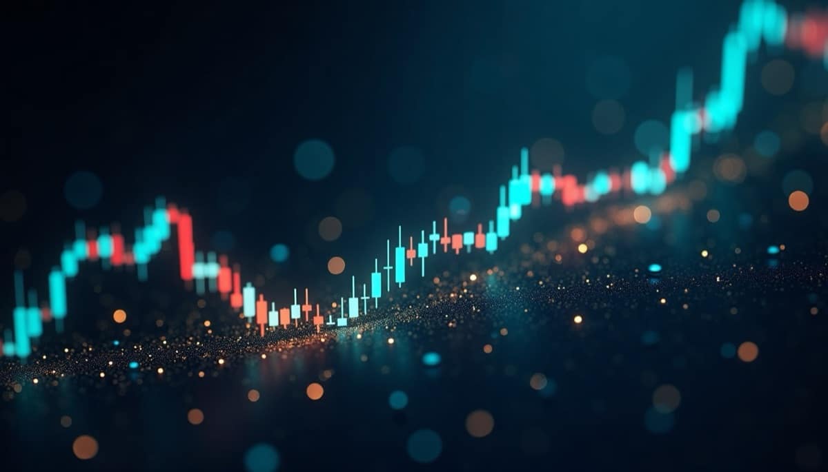 Candlestick chart depicting rising prices with teal and red bars on a dark, sparkly background.