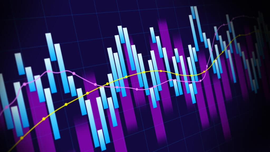 Abstract financial chart with blue vertical bars and pink and yellow trend lines on a dark grid background