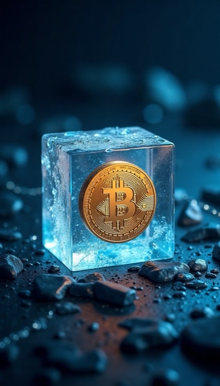 Bitcoin coin encased in a clear ice cube on a dark blue, rocky surface for cold storage symbolism