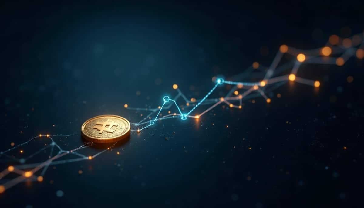Gold cryptocurrency coin with a Bitcoin-like symbol laid on a dark surface, connected by glowing blue and orange network lines.