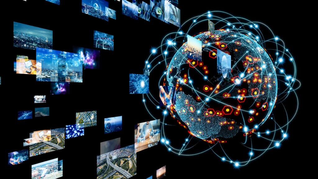 Global connectivity concept: glowing network lines orbit a lit Earth with floating image panels and data tiles nearby.